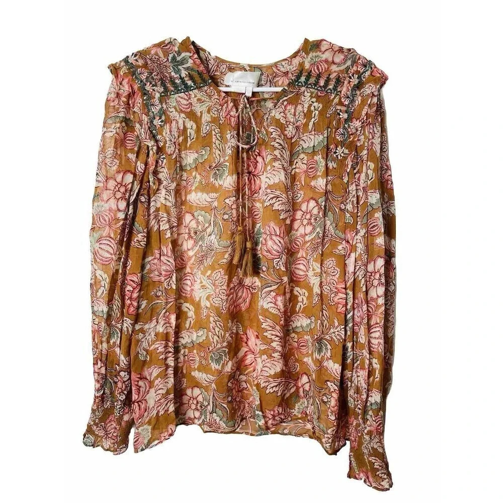 By Anthropologie Pullover Blouse XLP Sheer Floral Flowy Boho Tassels Tie Neck